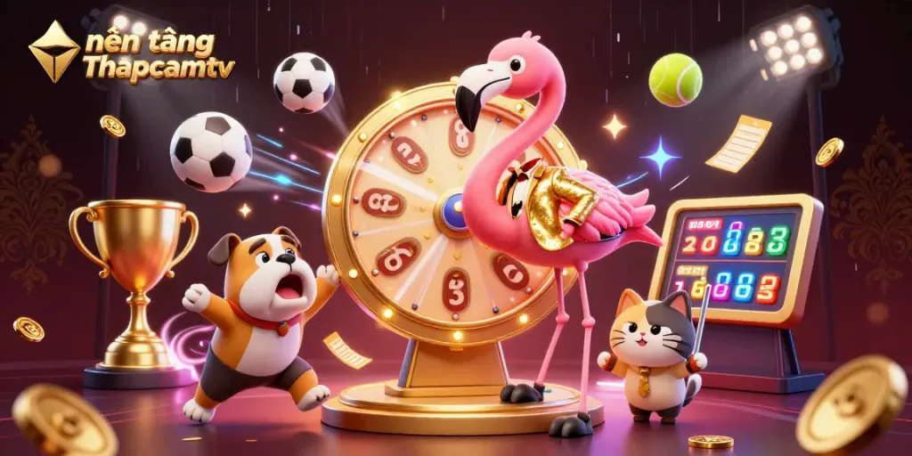 Engage with nền tảng Thapcamtv as a colorful cartoon scene brings gaming excitement to life, showcasing thrilling action.