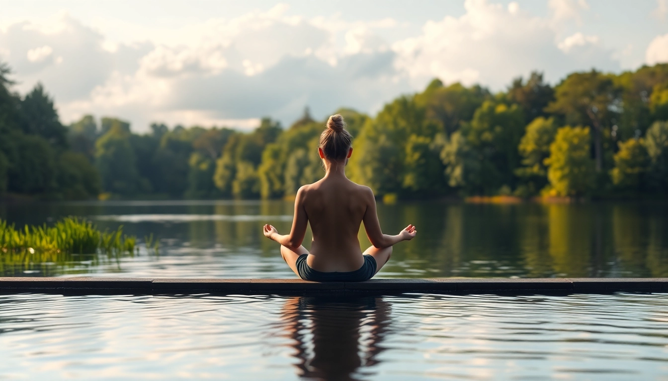 Meditating person reflecting mental wellness by a tranquil lake amidst nature.