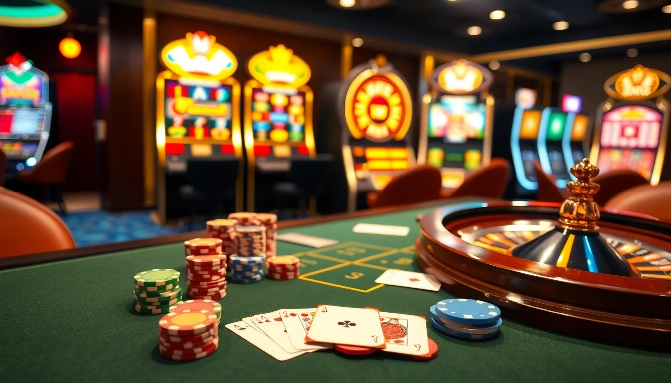 Experience the excitement of online gambling at https://okfun.jpn.com/ with a vibrant casino gaming table scene.