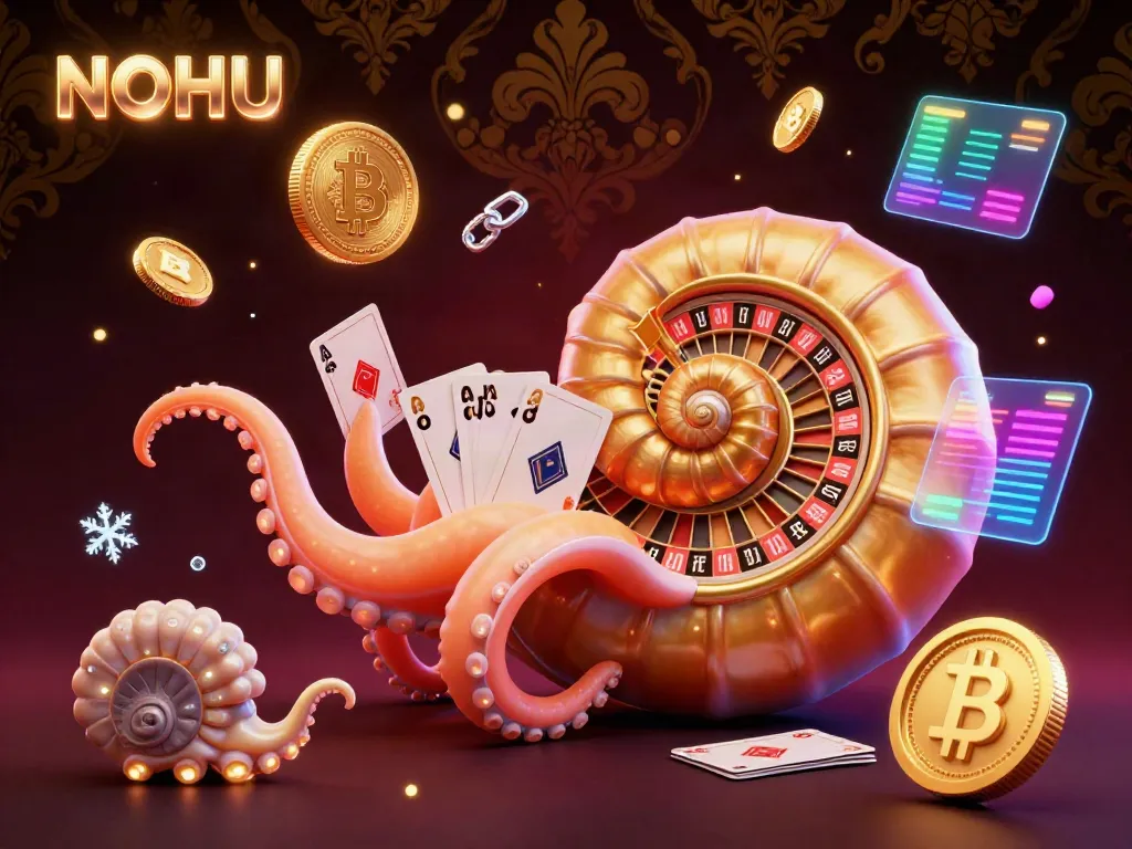 Experience thrilling spins with NOHU's unique giant nautilus roulette in this vibrant casino illustration.