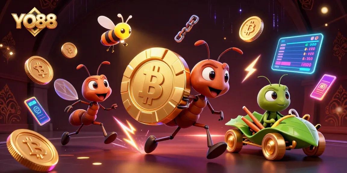 Experience YO88 with a cartoon heist scene featuring ants with poker chips amid vibrant casino elements.
