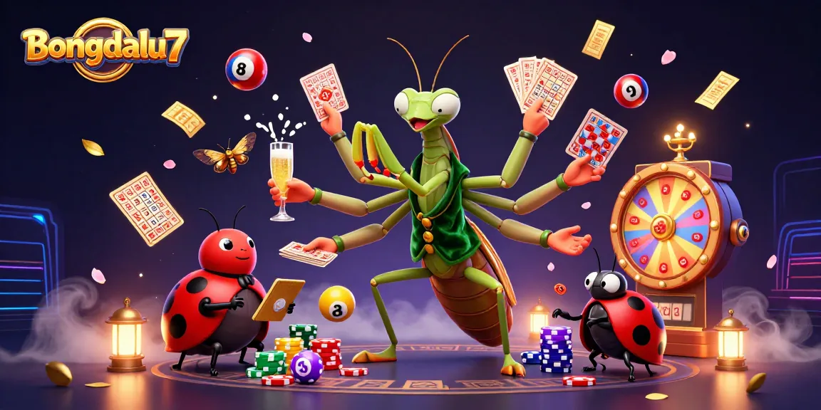 Bongdalu7 showcases a vibrant 3D scene of a giant praying mantis card sharp dealing cards and pouring champagne in a lively gambling atmosphere.