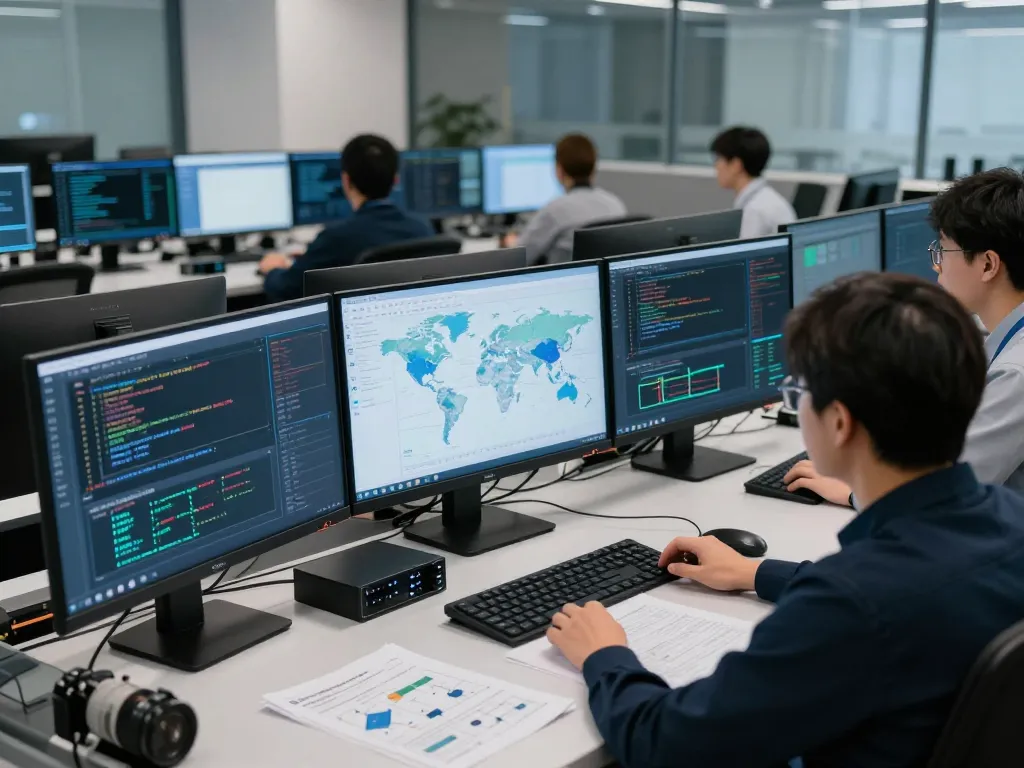 快连 network monitoring hub with engineers analyzing data and optimizing connections globally