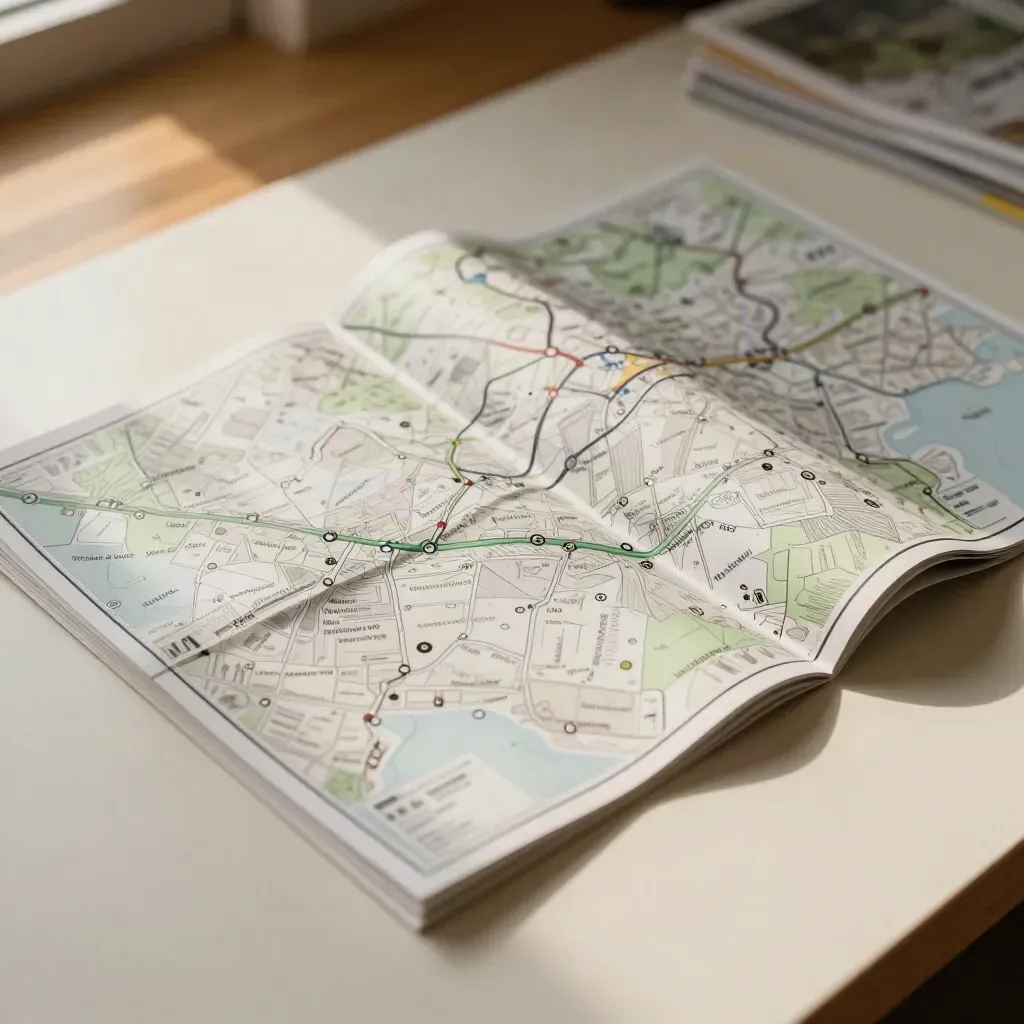 Folded race route maps spread across a pale table with green route lines and pins.
