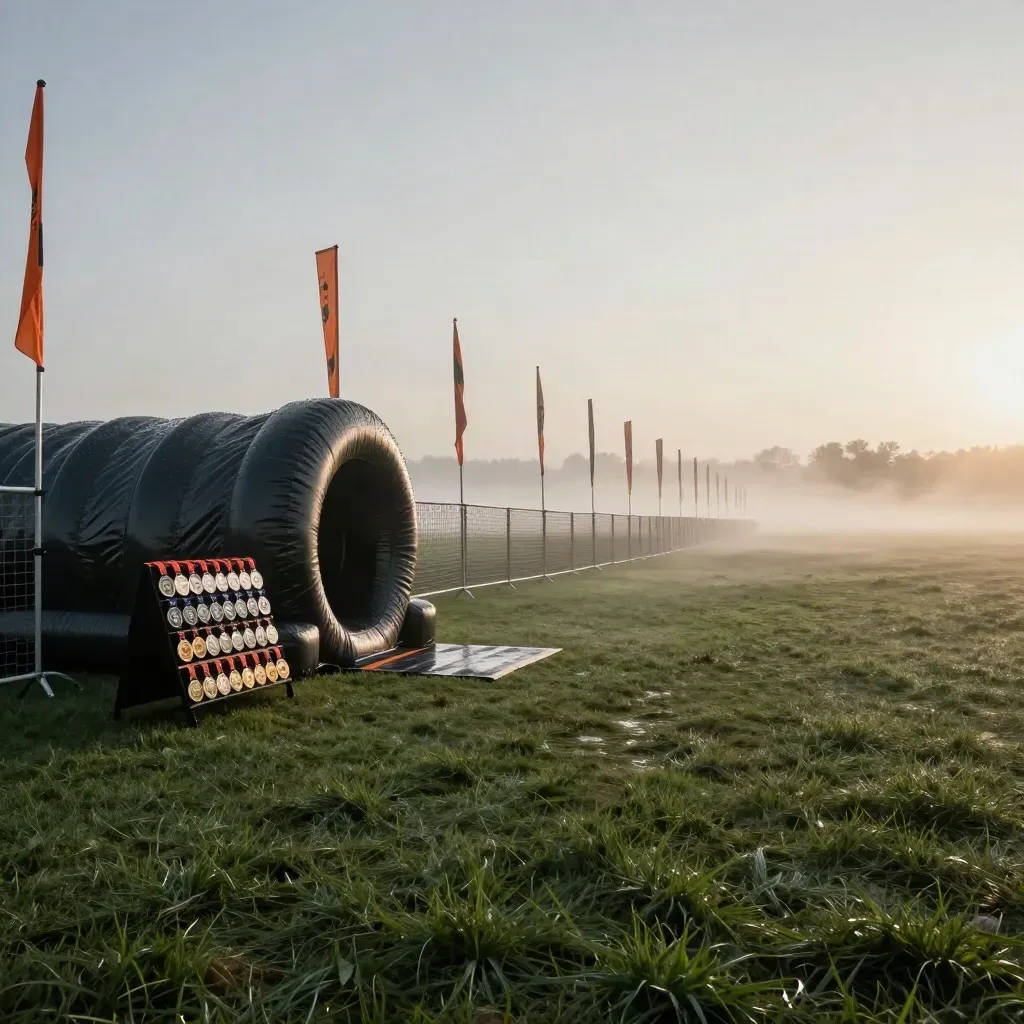 Dawn Monster Run field with tunnel obstacle, medals, barriers and flags in mist.