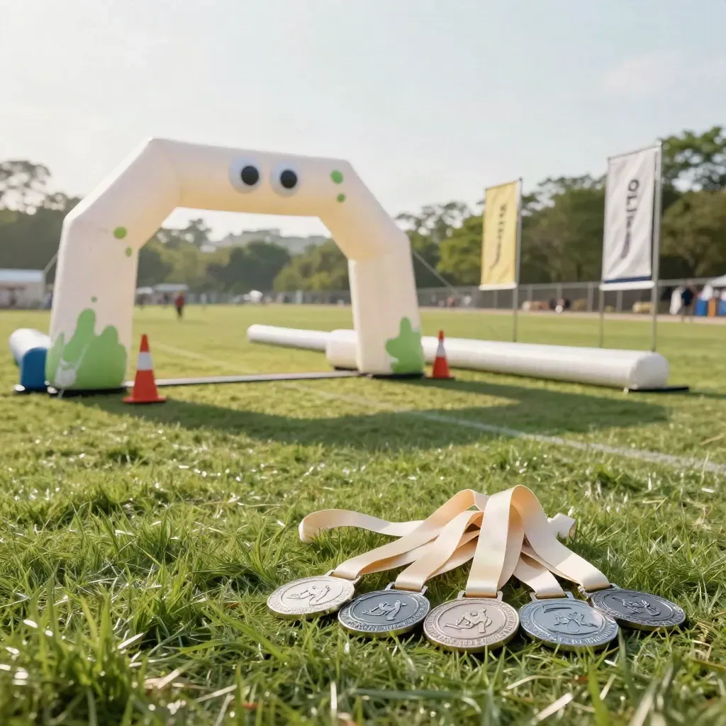 Family fun run start zone with inflatable arch, cones, flag markers and medals on trimmed grass.