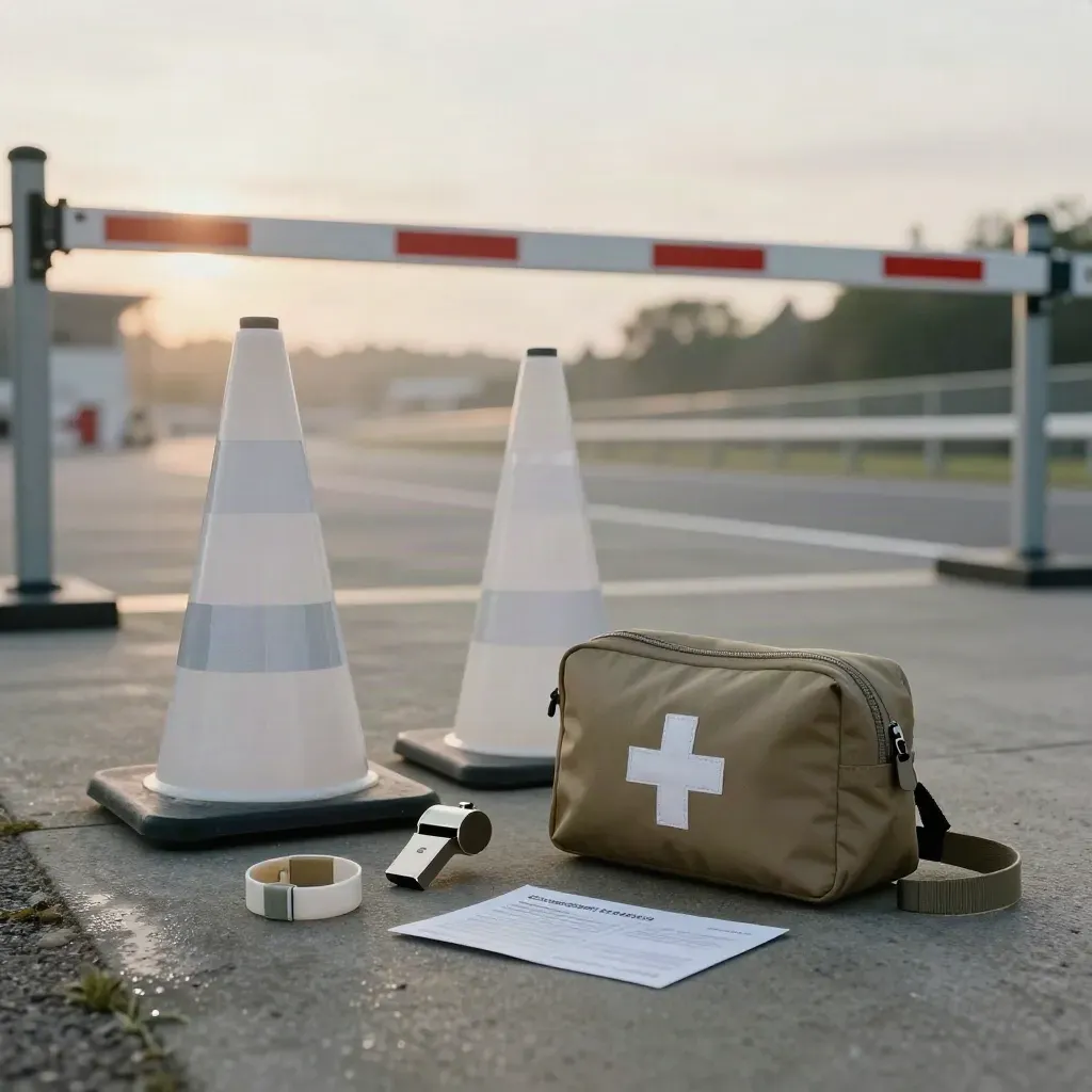 Race-day safety kit beside a start barrier at dawn: cones, whistle, first-aid pouch and wristbands.