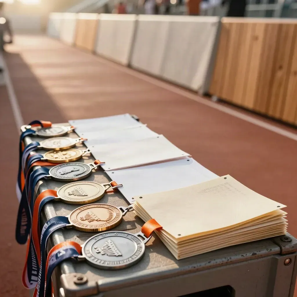 Finish medals, blank bibs and run packs spilling from a crate at a sunlit finish chute.