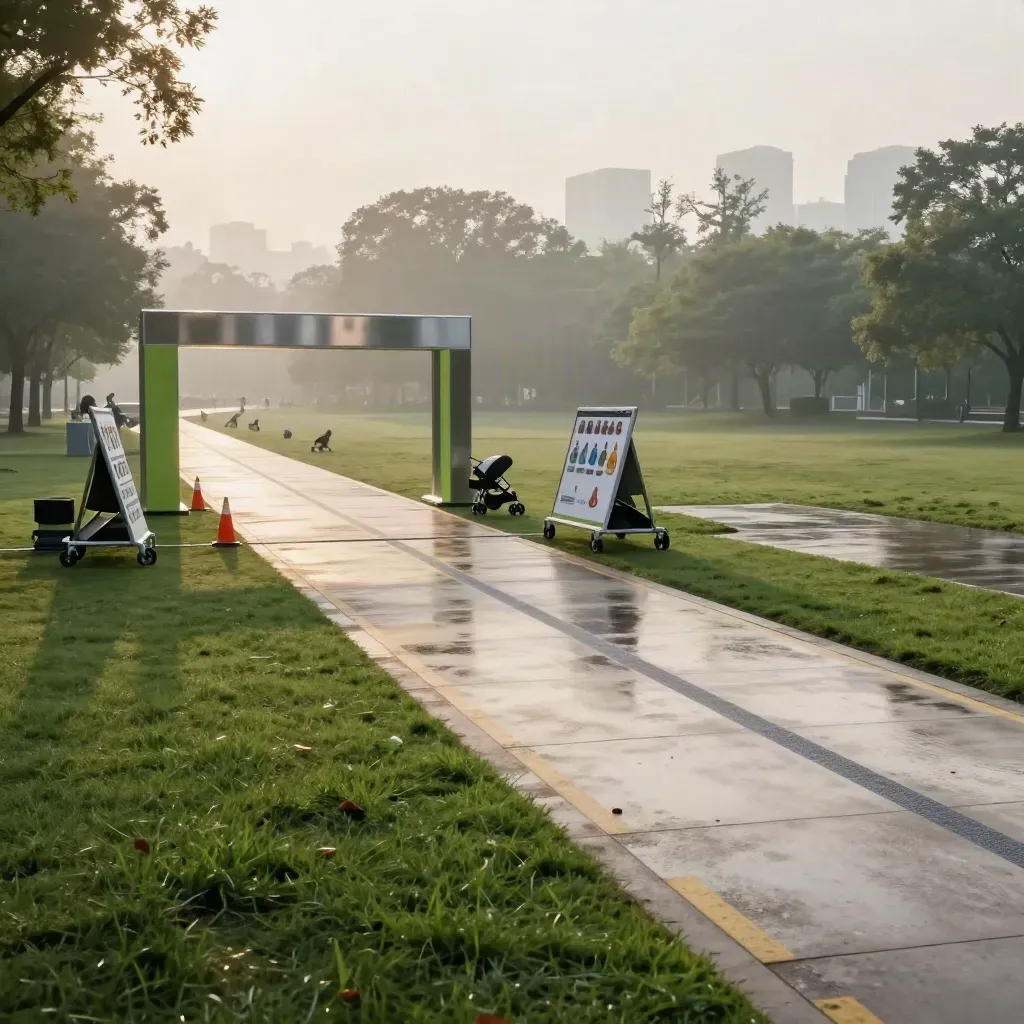 Wet park finish arch, medal boards and lane markers at dawn in mist