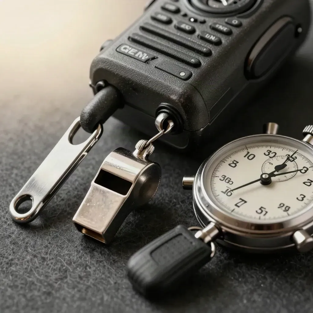 Macro still life of a radio, whistle, stopwatch, lanyard clip and key fob on dark felt.
