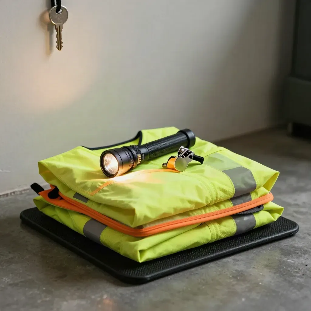 Safety lead kit on a mat with torch, whistle, first-aid pouch and reflective baton