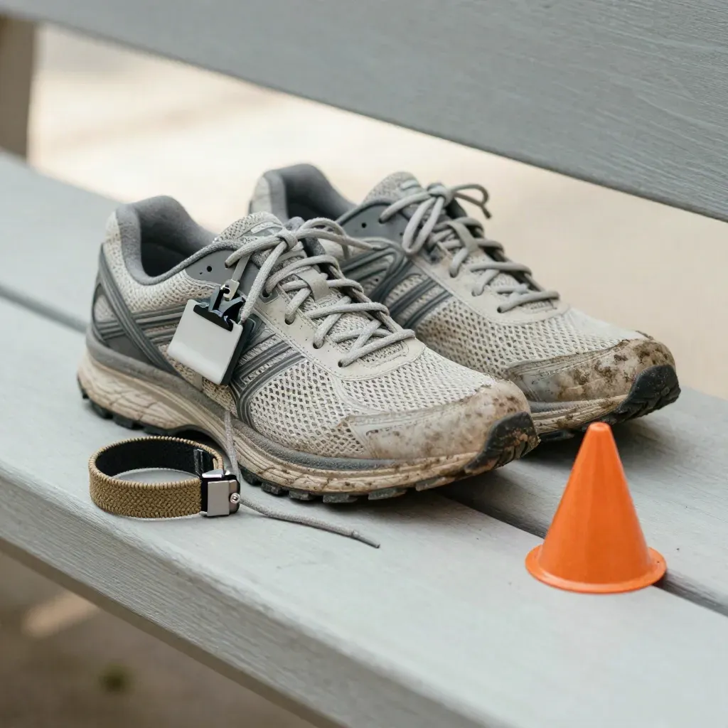 Mud-specked running shoes, bib clip, wristband and cone marker on a pale bench