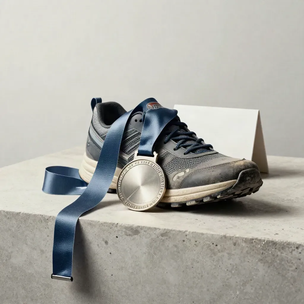 Finish medal, ribbon and race shoe toe on a pale stone ledge in soft daylight.