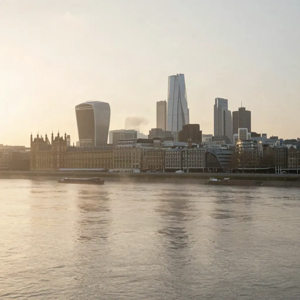 London skyline at dawn over the Thames, warm light, calm misty river