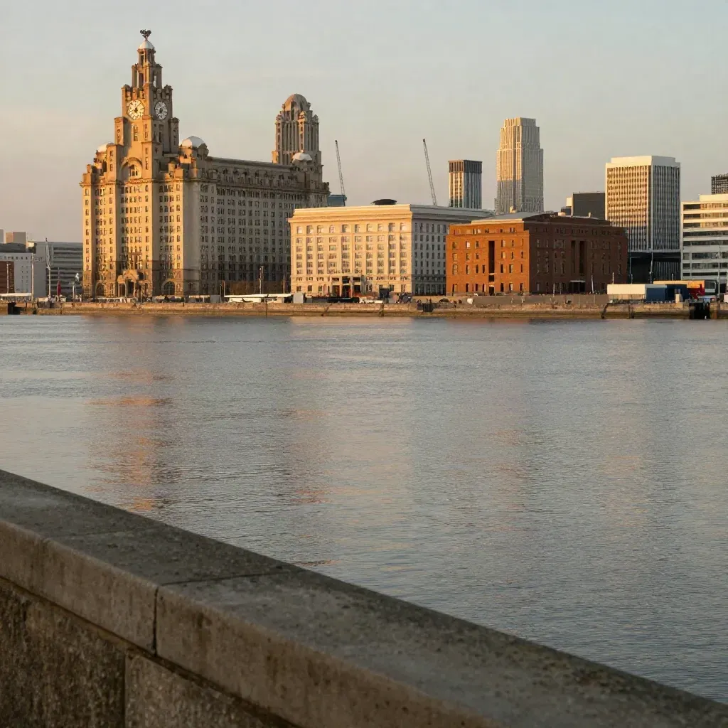 Liverpool waterfront in golden haze with calm Mersey and skyline high in frame.