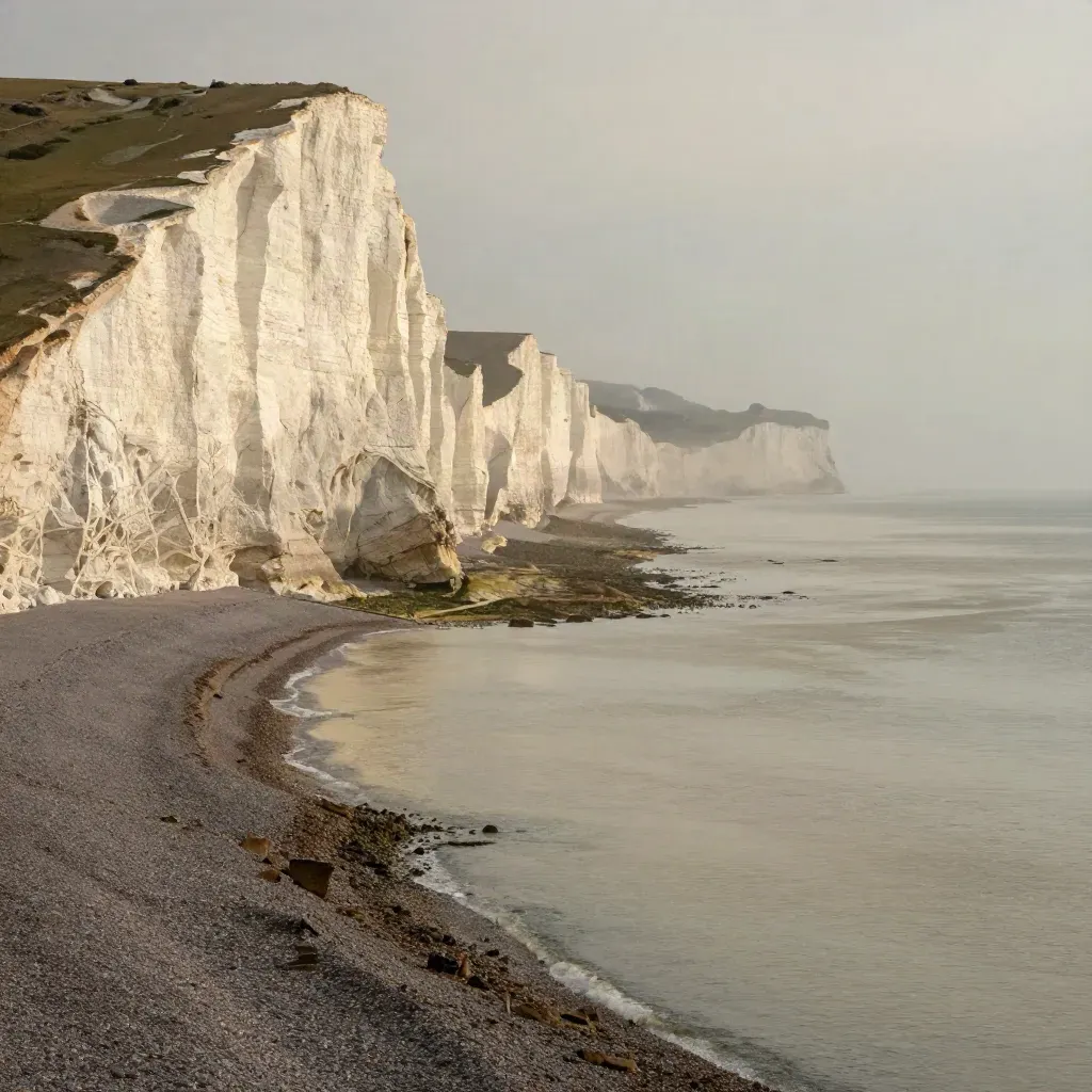 Sunlit chalk cliffs above a glassy Channel, with mist and calm shingle below.