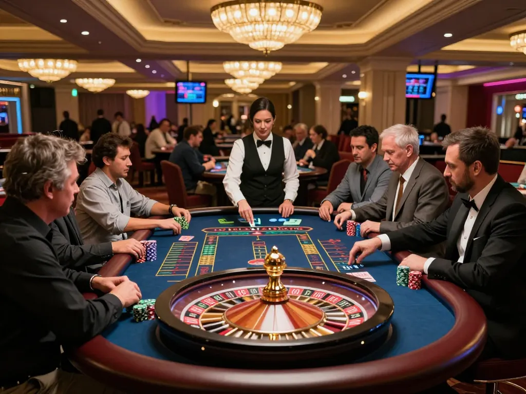 C168 players excitedly placing bets at an elegant roulette table in a luxurious casino setting