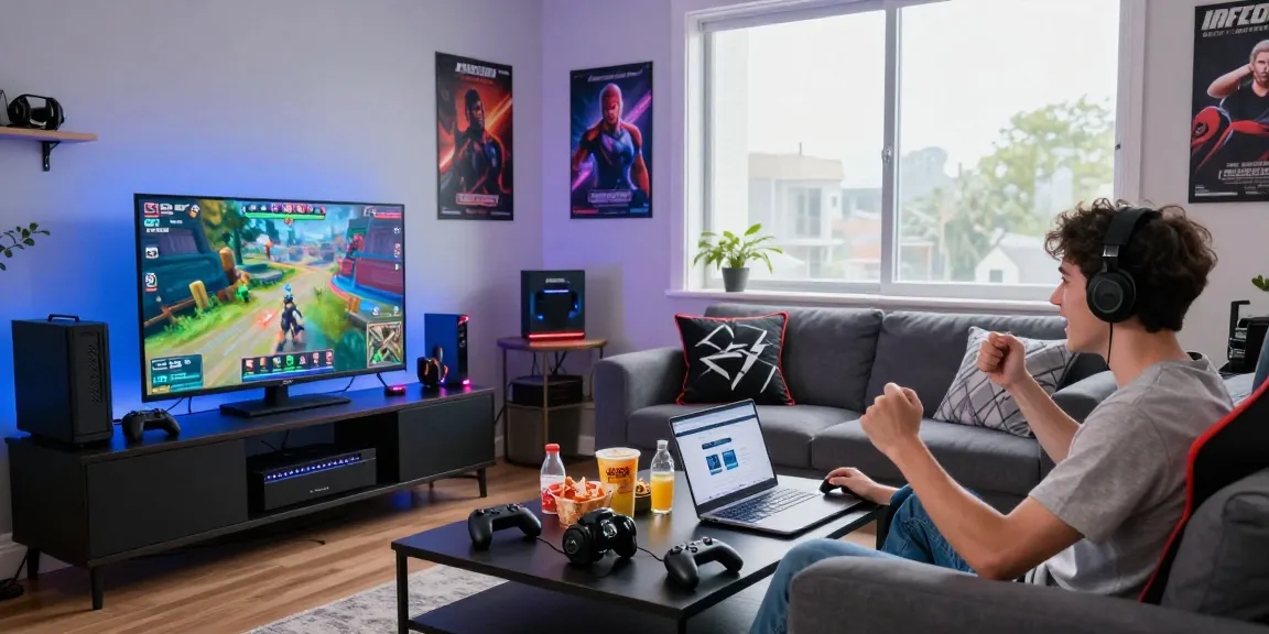 Young adult gaming enthusiast using rokok88 login in a vibrant living room