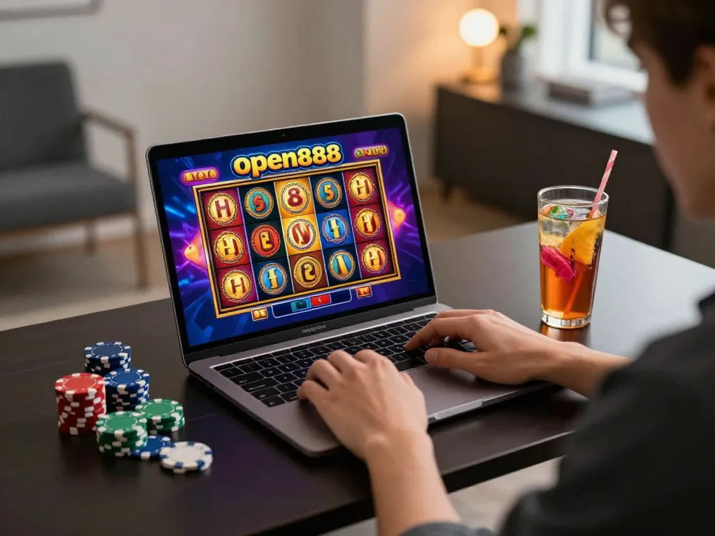 Player engaging with open888's colorful slot game on a laptop in a modern home office setup.