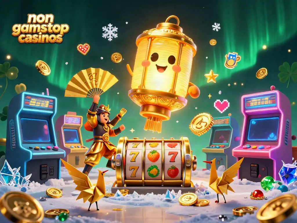 Experience the thrill of non gamstop casinos with vibrant 3D illustration showcasing a glowing lantern spirit and game elements.