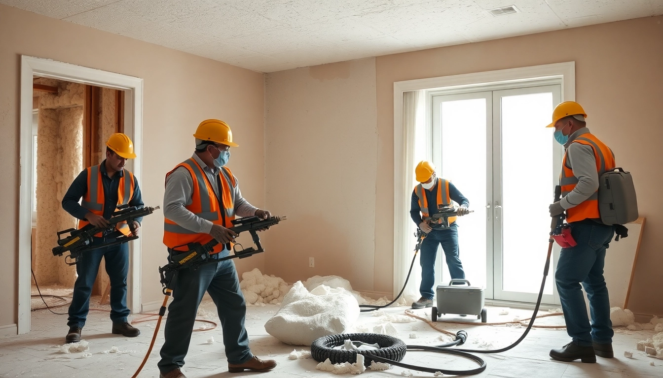 Technicians from spray foam removal companies UK efficiently removing insulation in a bright home.