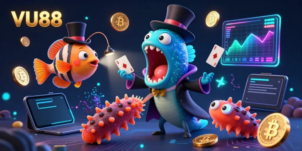 Engage with VU88's magical entertainment through a lively scene featuring deep-sea characters performing card tricks.