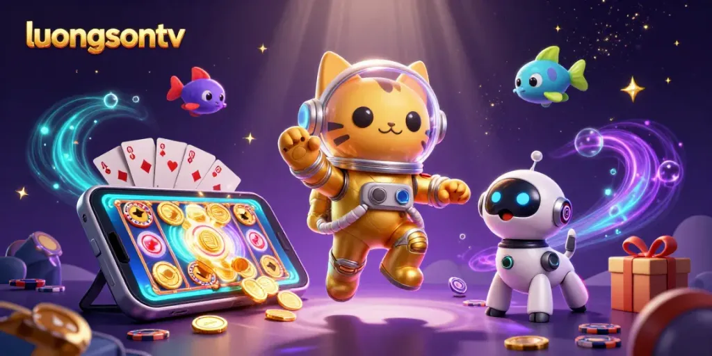 Experience live football action with LuongsonTV as playful characters float through a colorful gambling scene.