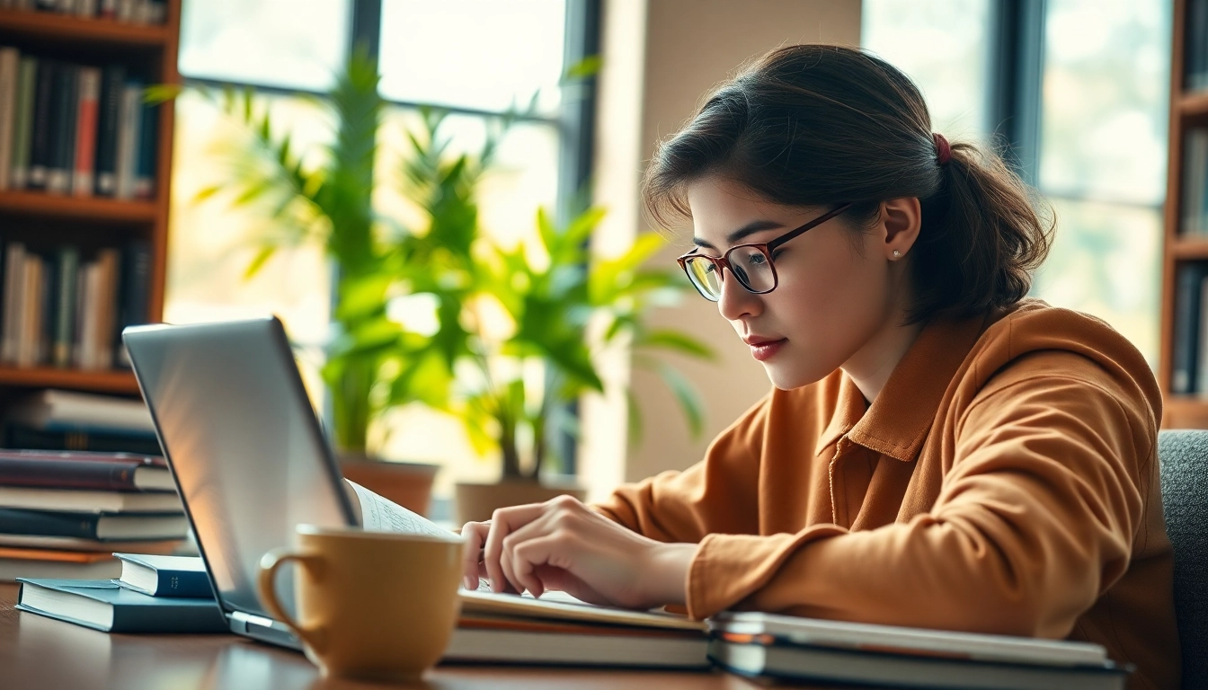 Engaged student in focused exam preparation surrounded by books and study materials.