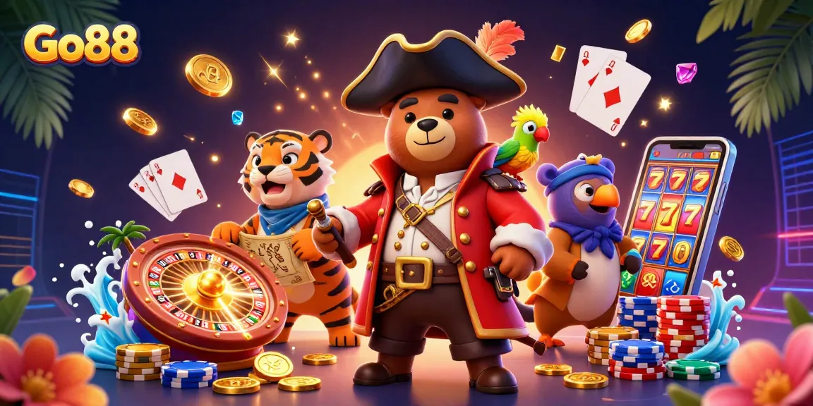 Go88 captures excitement with a pirate captain bear, a fierce tiger, and treasures in a casino scene.