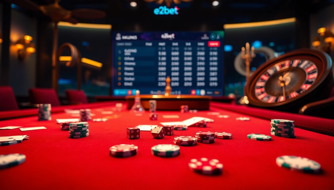 Experience the thrill of betting at Nhà cái e2bet with vibrant casino tables and classic gaming elements.