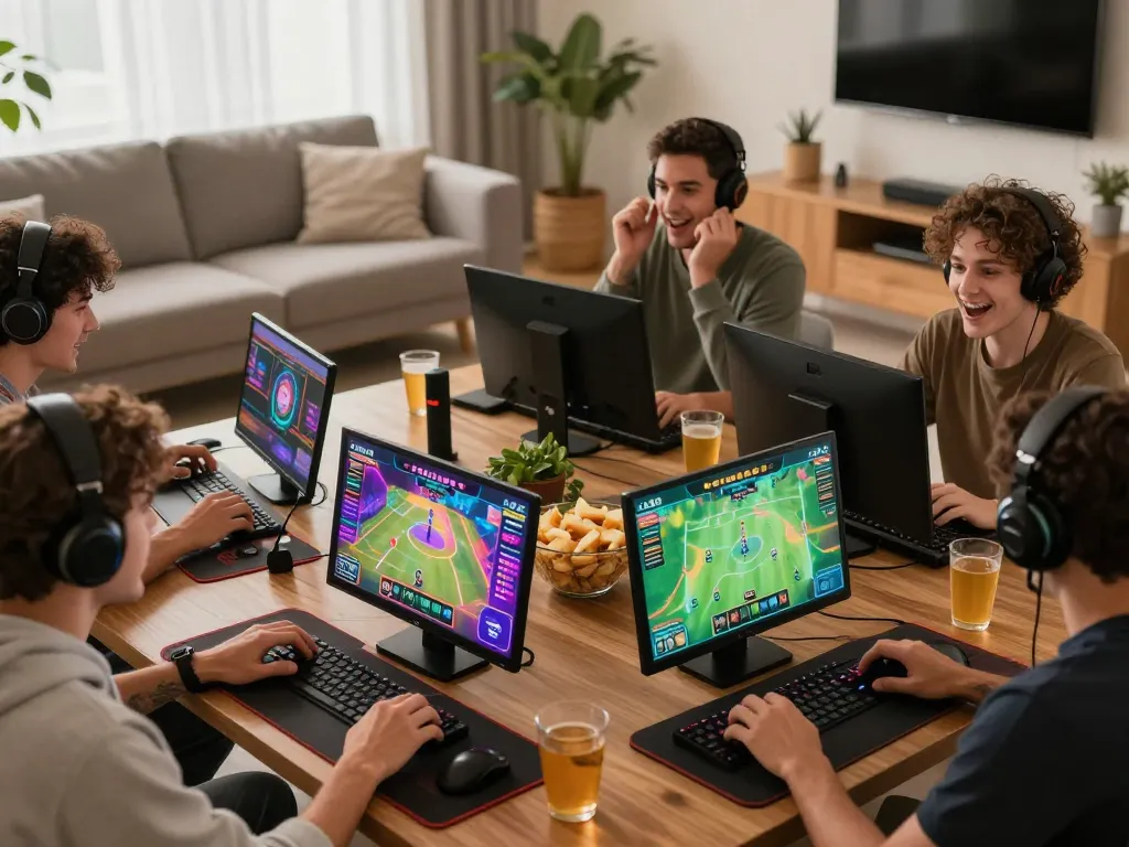 Engaged players exploring pg88 online gaming platform in a vibrant home setting, enjoying sports betting and casino games.