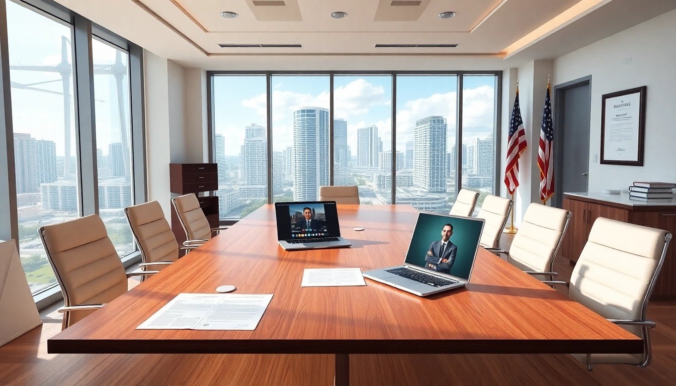 A professional Miami law office showcasing a US law firm with legal documents and a skyline view.