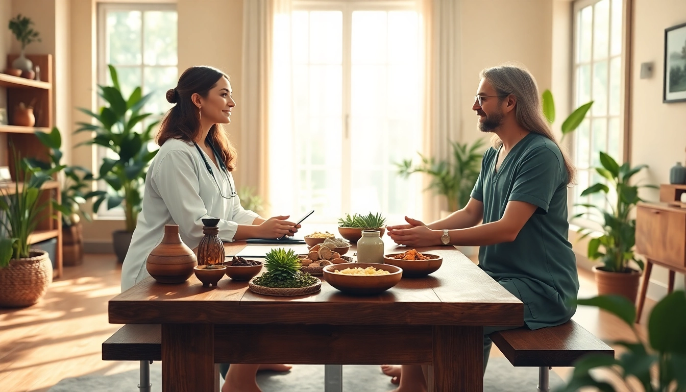 Engaging Ayurveda Consultation showcasing a practitioner with herbal elements in a relaxing clinic environment.