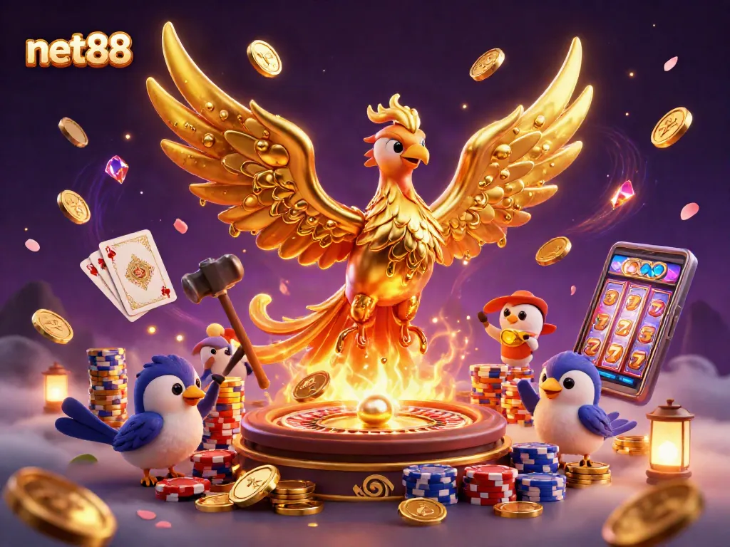 Watch the net88 phoenix rise as molten gold transforms into coins in a vibrant casino scene.