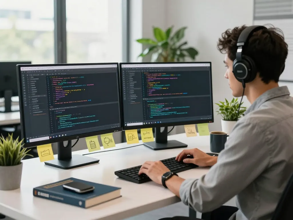 Developer using 谷歌浏览器 on dual monitors in a modern workspace, showcasing coding and productivity.