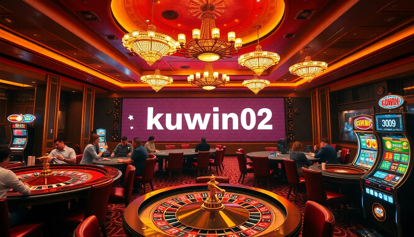 Kuwin02 players enjoy a thrilling game experience at a luxury casino with roulette and poker.