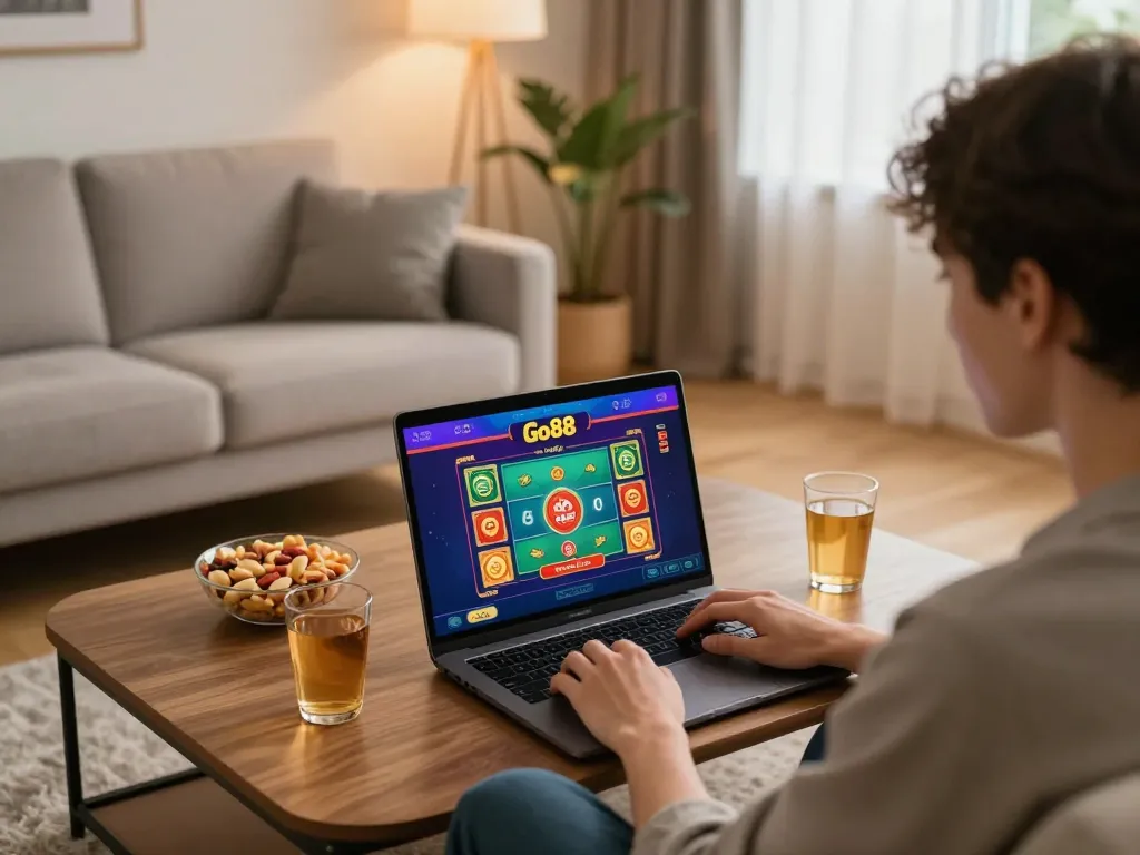 Engaging in online casino gaming on Go88, showcasing a vibrant home setting and cozy atmosphere.