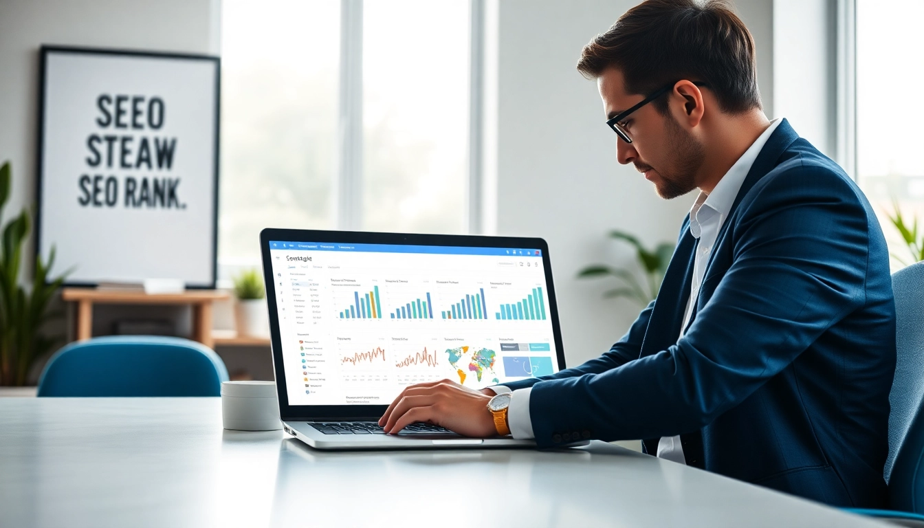 Analyze SEO Rank data in a modern office, showcasing digital marketing strategy.