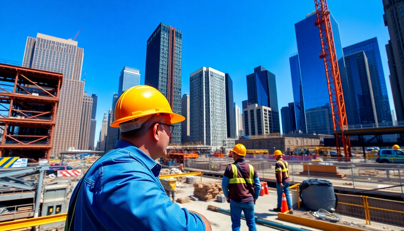 New York City Commercial General Contractor leading a busy construction project in a vibrant urban setting.