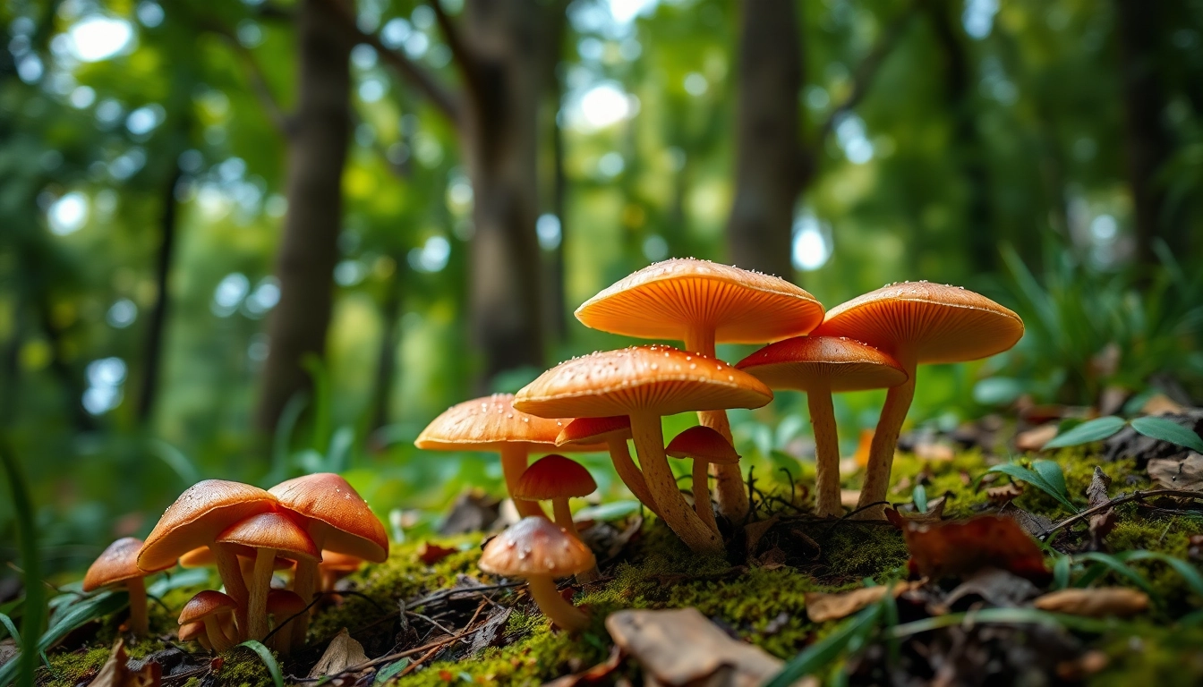 Admire vibrant magic mushrooms online Manchester flourishing in a serene forest setting.