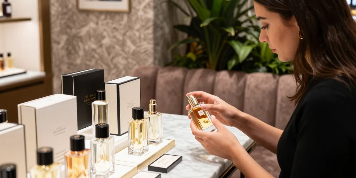Shop for Maison Crivelli perfumes in a luxurious fragrance boutique with elegant displays and ambient lighting.