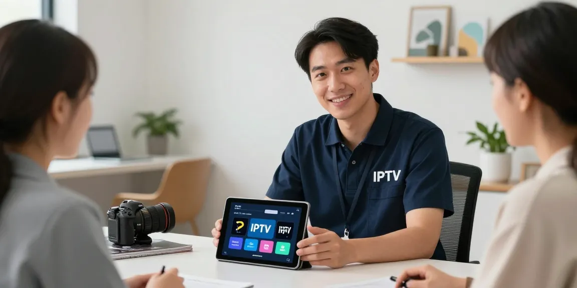 Local IPTV Service provider discussing options with customers in a professional setting.