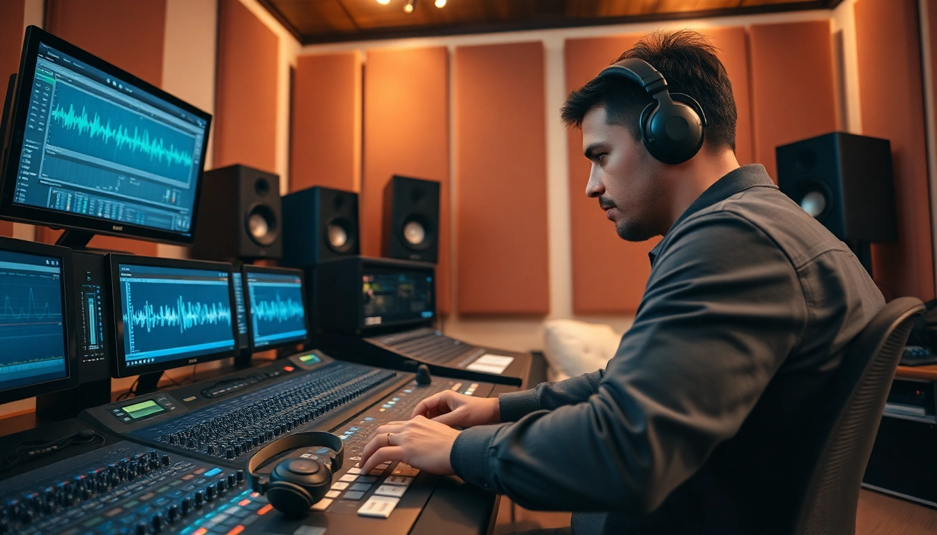 Artistically engaged audio engineer utilizing online mastering services in a professional studio.
