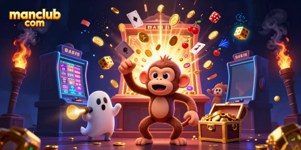 Experience the excitement of casino gaming with manclub com as golden coins and symbols burst in a vibrant 3D illustration.