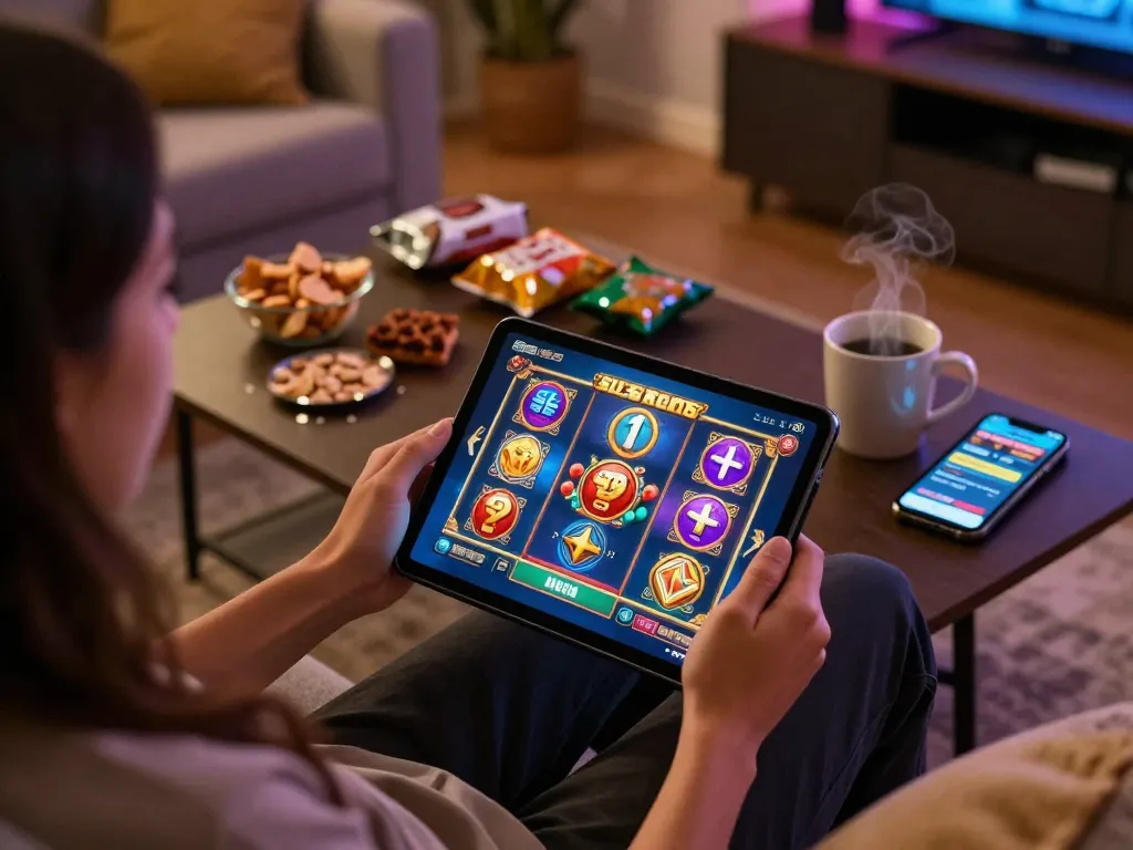 Engaging online gaming scene of player interacting with situs slot on tablet surrounded by snacks and warm ambiance.