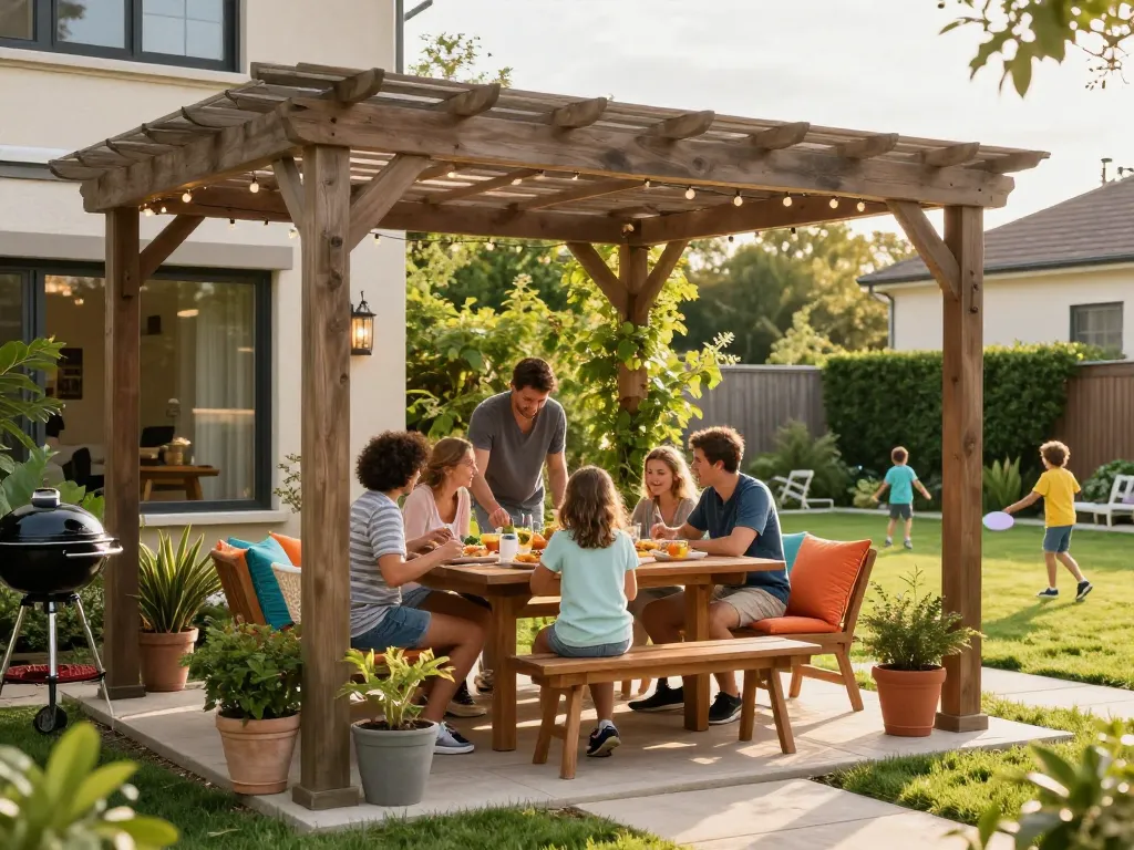 A family enjoying a meal under a stylish pergola configurator in a welcoming outdoor living space.