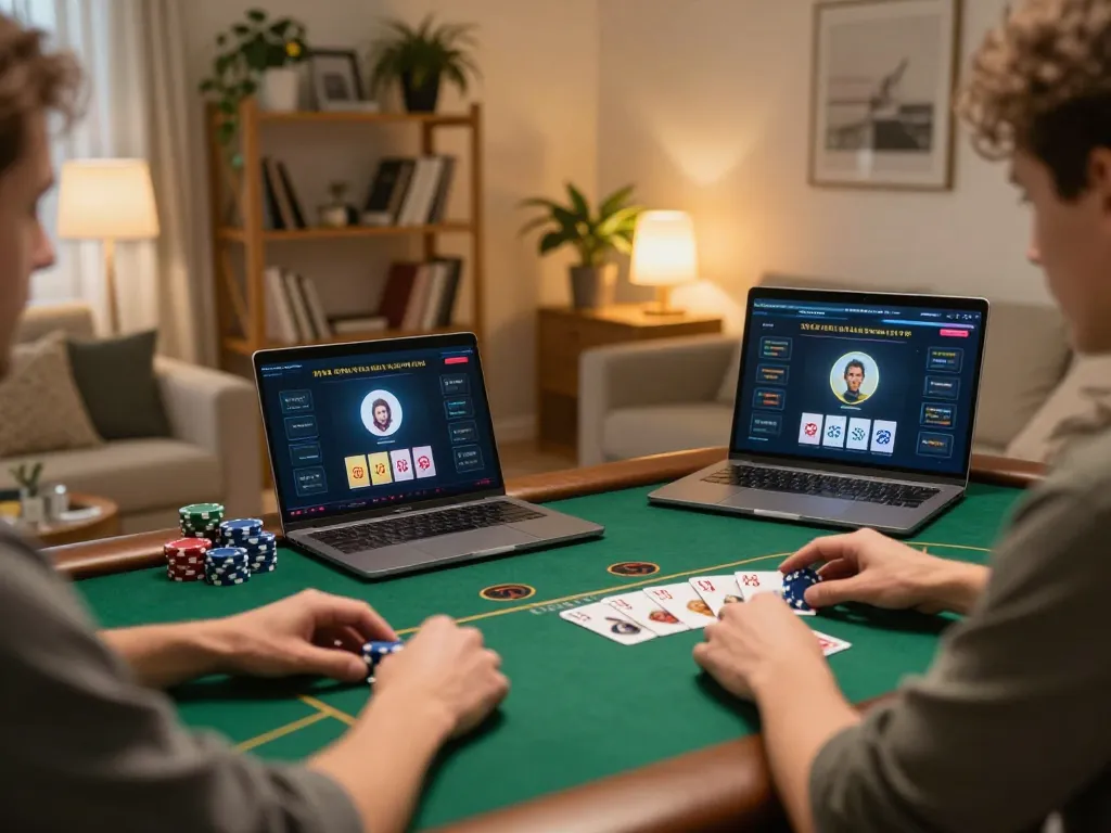 Person enjoying online poker while using the link w88 on a laptop in a cozy home setting.