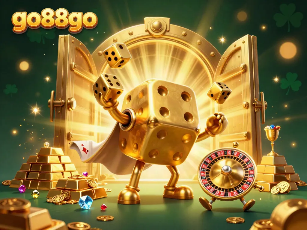 Experience thrilling gaming action with go88go's vibrant casino environment featuring a dynamic golden dice golem.