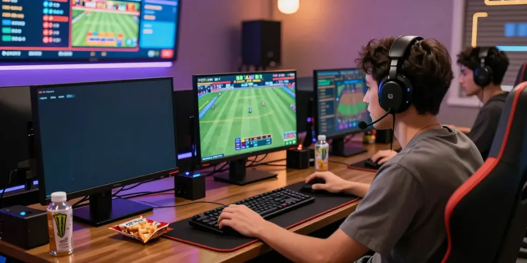 Exciting online gaming environment at https://lu88.vote/ with a focused player and sports match displays.