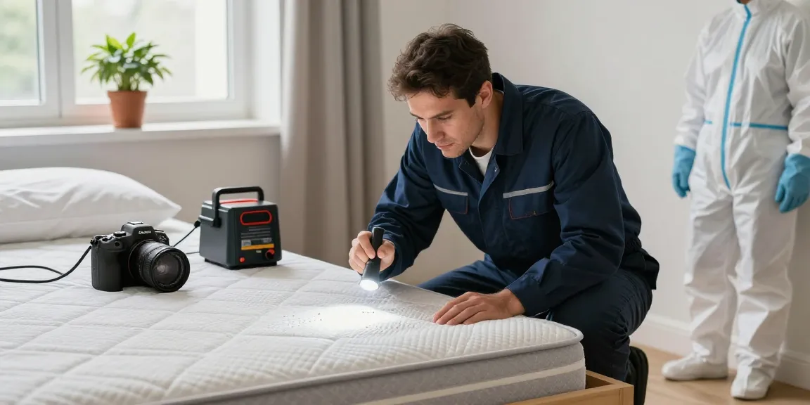 Expert bed bug control technician carefully inspecting a mattress for infestation in a cozy bedroom.